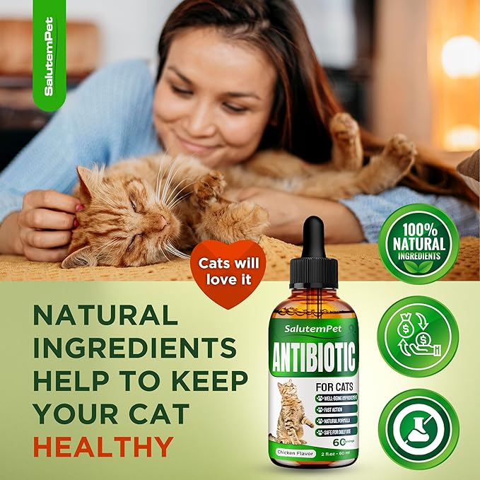 Cat Antibiotic for Infections, UTIs, Respiratory Moments, Cold, & Allergies | Antibiotics for Cats of All Ages & Breeds | Liquid Form | Natural Supplement with Chicken Flavor | 2 Oz