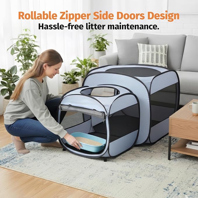 EighteenTek® 2-in-1 Portable Cat Playpen, Detachable into 2 Separate Cages with Additional 2 Doors, Pop up Pet Play Pen Cat Tent House, Foldable Puppy Enclosure Kitten Crates Indoors Outdoor(Grey)