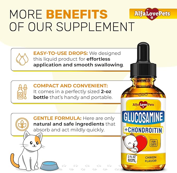 Liquid Glucosamine for Cats with Chondroitin – Taurine for Cats Works for Hips, Ligaments, Muscles, Circulation Maintenance – Cat Supplements with Natural Chicken Flavor 2-oz Bottle