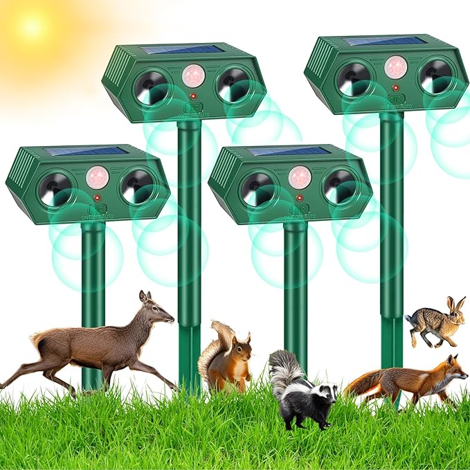 Solar Ultrasonic Racoon Cat Repellent Outdoor Deer Repellent Devices Sonic Fortress Pro Animal Rabbit Repeller Squirrel Deterrent with Motion Sensor to Keep Dog Fox Skunk Out of Garden Yard(4Pack)