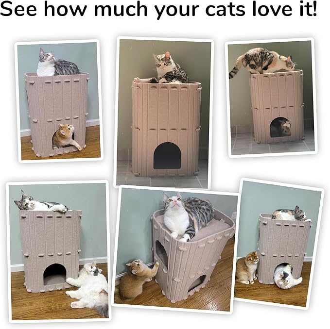 FUKUMARU Cat House for Indoor Cats, 23.62 Inch Large Cat Bed Cave Condo, 2-Storey Cozy Felt Covered Cats Tunnel Kitten Hideaway for Multicats, Scratch Resistant, Beige