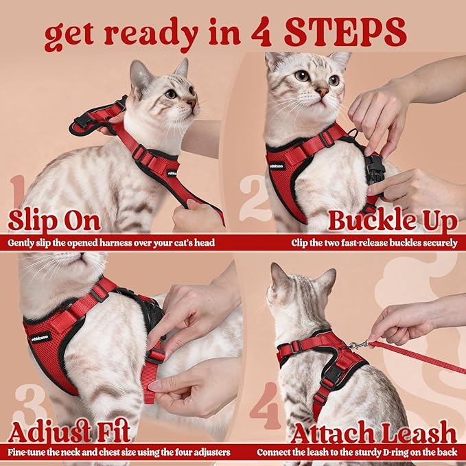 rabbitgoo Cat Harness and Leash for Walking, Escape Proof Soft Adjustable Vest Harnesses for Cats, Easy Control Breathable Reflective Strips Jacket, Red, XXS