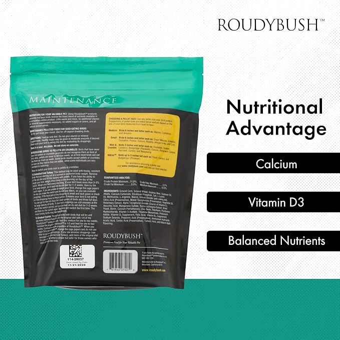 RoudyBush Daily Maintenance Food for Birds - Scientifically Formulated Bird Feed - Bird Food Pellets w/Corn, Wheat, Soy & More - Nutritious & Healthy Feed for Birds (Mini, 44oz)