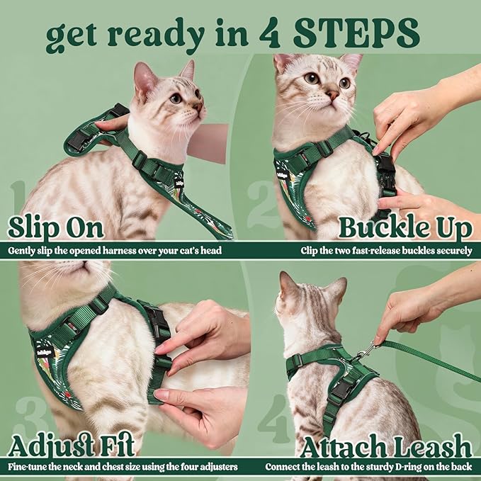 rabbitgoo Cat Harness and Leash for Walking, Escape Proof Soft Adjustable Vest Harnesses for Cats, Easy Control Breathable Reflective Strips Jacket,Rainforest Green,XS