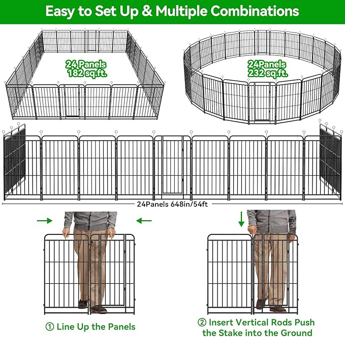 Dog Fence Outdoor 24 Piece Panels 32" Height, Square Steel Pipe with Reinforced Crossbars, Anti-Rust Heavy Duty Dog Playpen with Doors Portable for Yard RV Camping, Total 54FT, 227 Sq.ft, Snowy Black