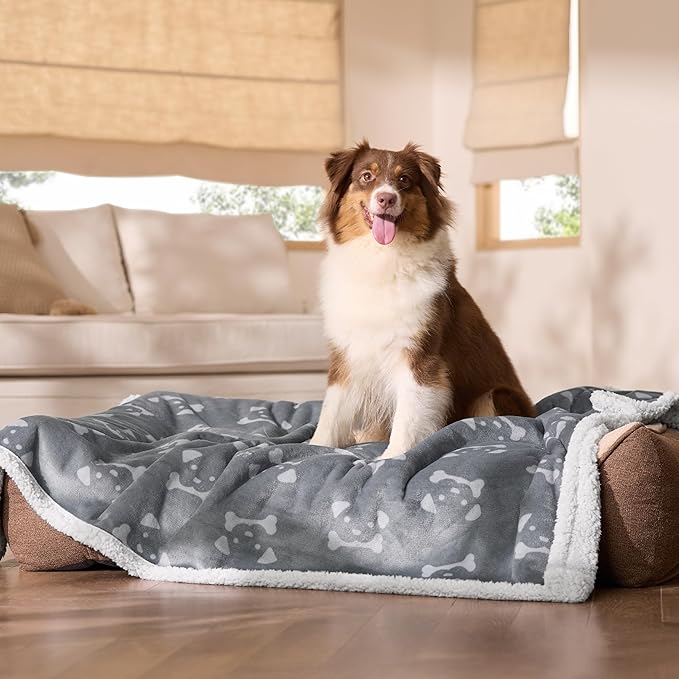 Bedsure Waterproof Dog Blankets for Large Dogs - Soft Print Sherpa Fleece Pet Cat Blanket Washable for Couch Bed Protection, Cozy Plush Reversible Throw Furniture Protector, 50"x60", Smokey Grey