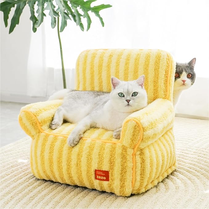 ZEZE Furniture-Style Sofa Pet Bed, Washable Plush Couch Bed with Bolstered Sides & Non-Slip Bottom for Dogs & Cats, Cozy Indoor Bed (Yellow, Small)