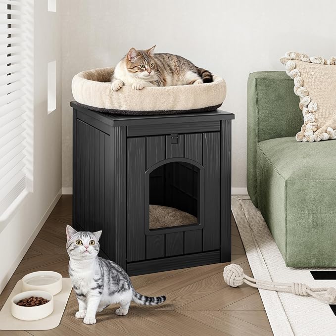 Cat Litter Box Enclosure, Plastic Hidden Litter Box Side Table with Openable Front Door, Waterproof & Weatherproof Cat Box Enclosure Cabinet for Indoor & Outdoor Use (Black)