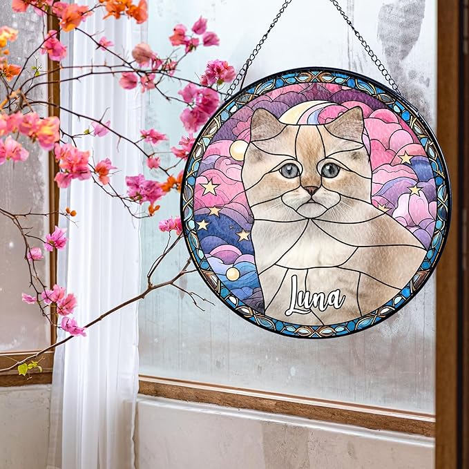 Lovely POD Personalized Cat Stained Glass Suncatcher, Memorial Keepsake Remembrance Gift for Fur Lovers, Custom Name Pet Photo Ornament Window Hanging, Home Decor, Sympathy Gift for Loss of Cat