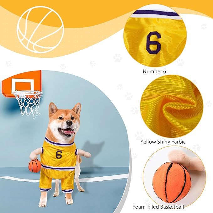 DELIFUR Dog Basketball Player Costume - Pet Halloween Costume Adjustable Funny Dress Up Sports Outfit Cosplay Clothes for Small Medium Dog (Yellow Basketball, Large)
