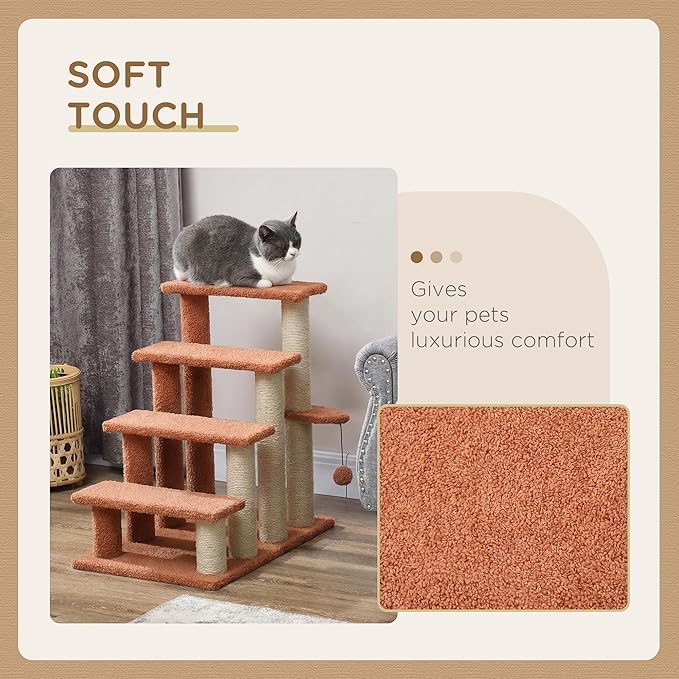 PawHut 4 Levels Cat Steps, Pet Stairs Carpeted Ladder, Kitten Tree Climber with Scratching Posts, Hanging Play Ball, Side Step, for High Bed, Sofa, Brown