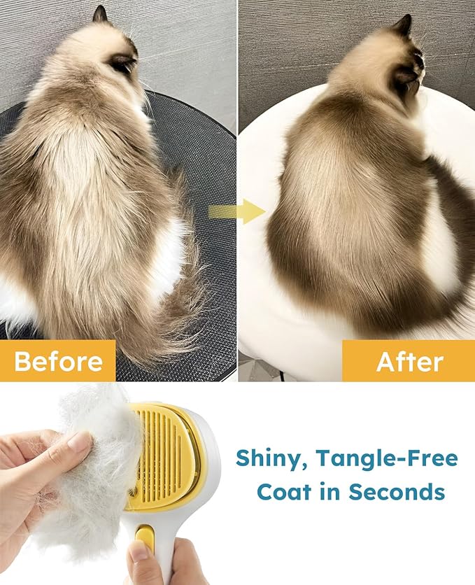 Cat Steam Brush for Cats & Dogs, Pet Steam Brush 3-in-1 with 2 Mist Modes, One-Touch Self Cleaning, Magnetic Safe Charging, Cat Hair Brush for Shedding, Dog Brush for Shedding, Yellow (Long Head)