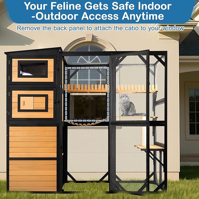Large Cat Catio Outdoor 4 Tiers Cat Enclosure Window Access, Walk-in Cat Cage Cat House for Multiple Indoor Outdoor Cats, Outside Patio 5 Doors Weatherproof Asphalt Roof & PVC Canopy Roof