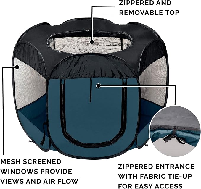 Furhaven Portable Dog Playpen Cat Tent, Pet playground,Kennel foldable indoor outdoor zippered puppy crate - Sailor Blue, Small