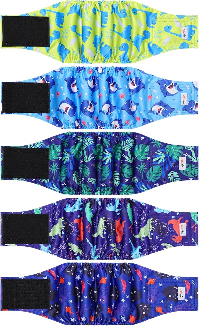 5 Pack Dog Diapers Male Reusable, Premium Belly Bands for Dogs, High Absorbing Male Dog Pee Wraps for Doggie in Incontinence or Excitable Urination Dinosaur M