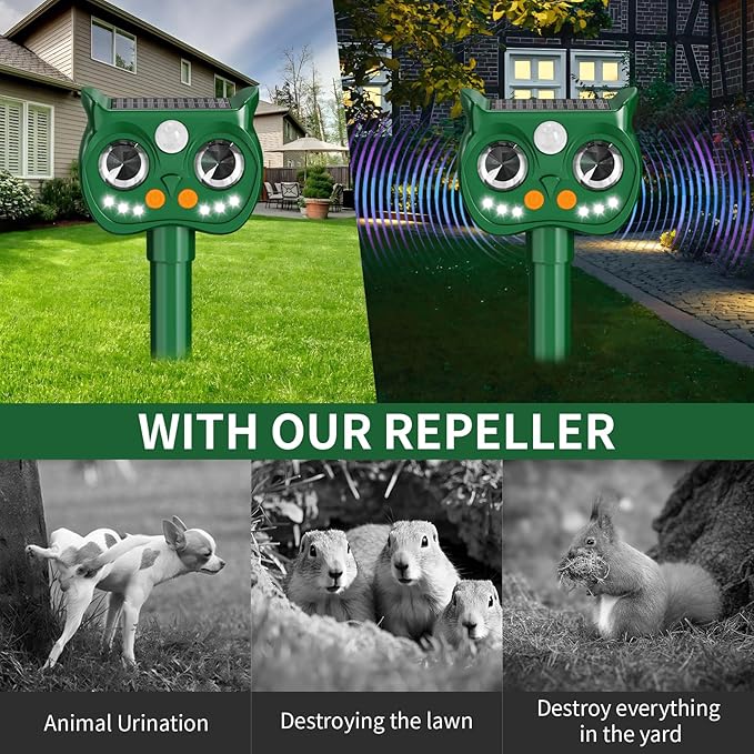 2 Pack 2026 Upgraded Solar Ultrasonic Animal Repellent Outdoor – Motion Activated Deer, Squirrel, Cat, Raccoon, Dog & Bird Deterrent with Multi-Frequency LED Strobe & Ultrasonic Sweep for Yard Garden