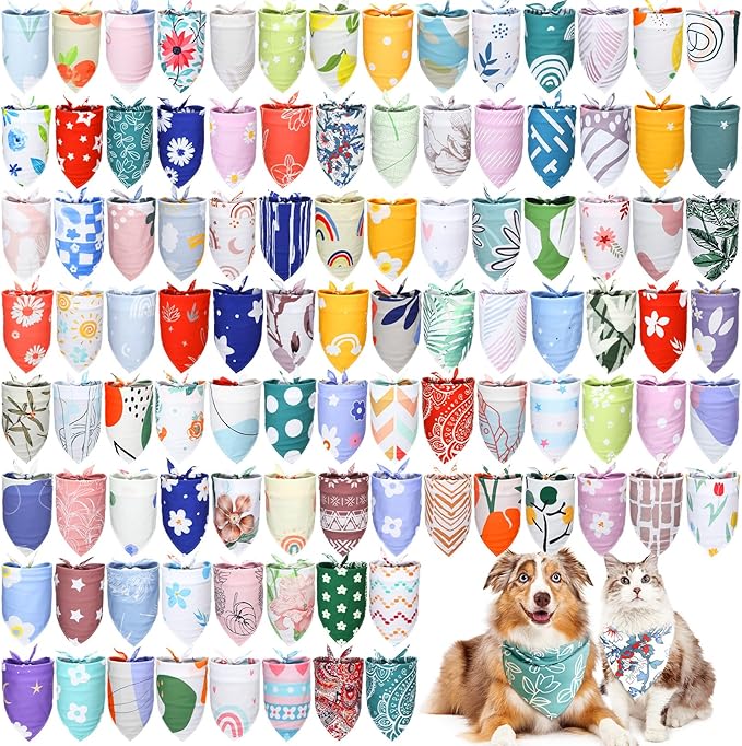 100 Pcs Boho Dog Bandanas Bulk Pet Bibs Colorful Triangle Scarf Boho Pet Bandanas for Medium Large Dogs Spring Summer Birthday Costume Decoration