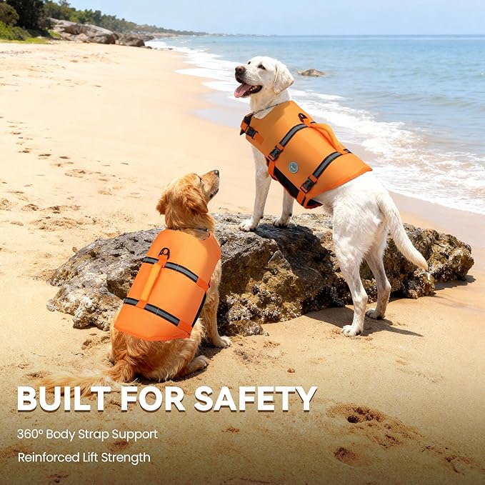 VIVAGLORY Rip Stop Dog Life Vest, Swimming Vest with Handle, Buoyancy for Doggy Puppy, Dog Life Jacket for Swimming & Boating, M, Dark Orange