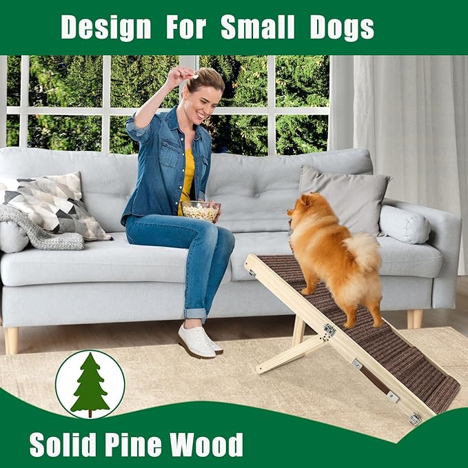 Okydoky Small Dog Ramp, Adjustable Portable Folding Wooden Pet Ramp, 32" Long with Non-Slip Traction Mat, Adjustable from 9" to 17.5", Dog Climbing Ladder for Sofa,Couch,Car(Brown) NO.LGPT2