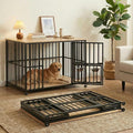 48" Dog Crate Furniture Foldable, Large Dog Kennel Furniture with Swing-Out Bowl & Dual Base Sets (Feet+Wheel), No Assembly Foldable Dog Crate Furniture, End Table for Large Dogs, Warm Gray