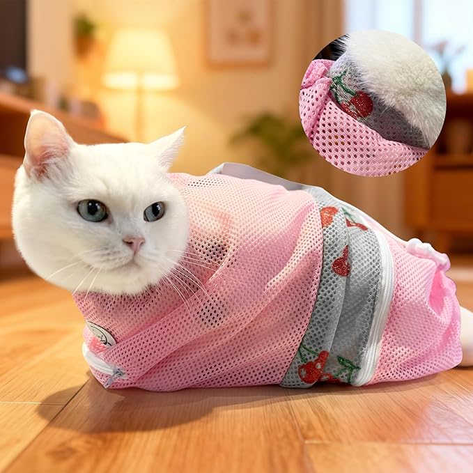 Cinf Cat Bathing Bag, Breathable Mesh Anti Scratch Adjustable Cat Grooming Bag for Nail Trimming, Bathing Soft Cat Washing Bag(Pink&Cherry) M