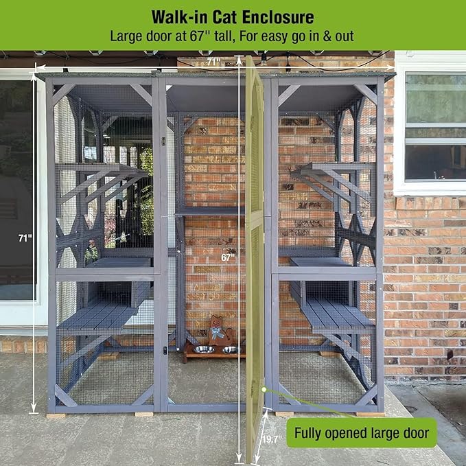 GUTINNEEN Catio Outdoor Cat Enclosure Large Walk in Window Cat House for Mulitiple Cats with 7 Platforms and 2 Resting Box,Asphalt Roof,70 inch