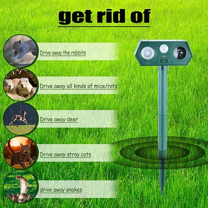 Solar Animal Repellent Outdoor, Deer Repellent, Squirrel Repellent, Ultrasonic Mouse Repellent,Cat Repellent Outdoor Etc,Devices Motion Detection Waterproof with LED Flash Lights for Yard Farm Garden