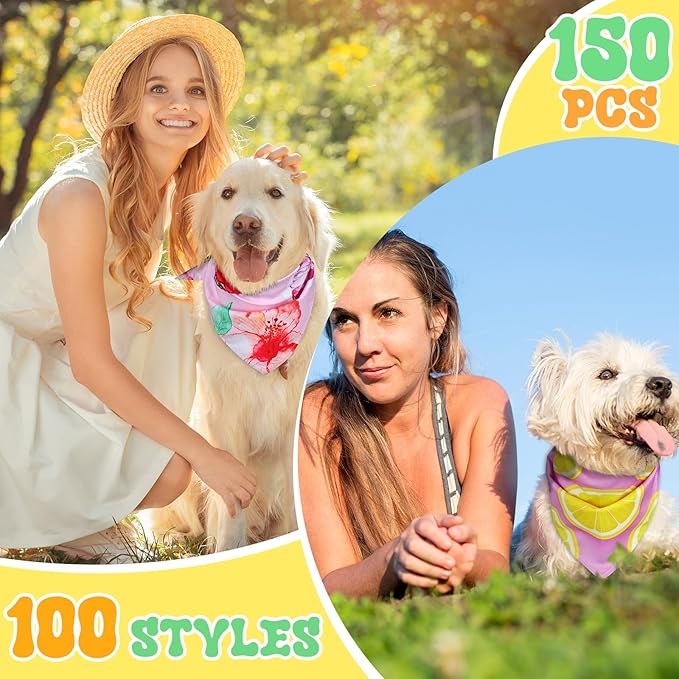 150 Pcs Hawaiian Dog Bandanas Bulk Pet Bibs Colorful Triangle Scarf Pet Bandanas for Medium Large Dogs Hawaiian Summer Luau Party Birthday Costume Decor