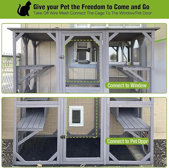 GUTINNEEN Catio Outdoor Cat Enclosure Large Walk in Window Cat House for Mulitiple Cats with 7 Platforms and 2 Resting Box,Asphalt Roof,70 inch