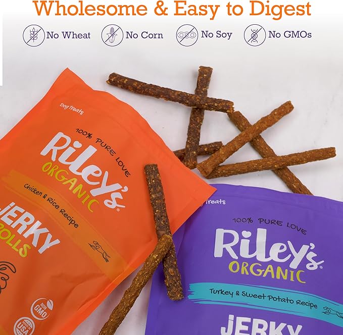 Riley's Rice & Chicken Jerky Dog Treats - Non-GMO, High Protein, All Natural Dog Chews - Training Treats for Small & Large Dogs - Easy to Break into Bite-Sized Pieces - 10oz