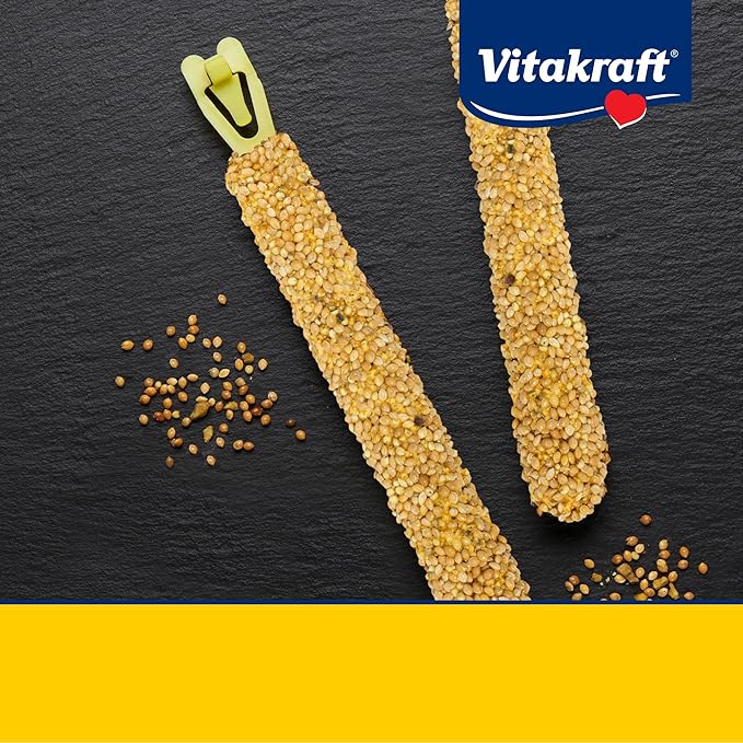 Vitakraft Crunch Sticks Parakeet Treats Golden Honey Flavor – Triple-Baked Snack with Vitamins A D3 E Riboflavin and B12 – Natural Wood Chew Center and Cage Clip Holder – Engaging 2 Stick Pack