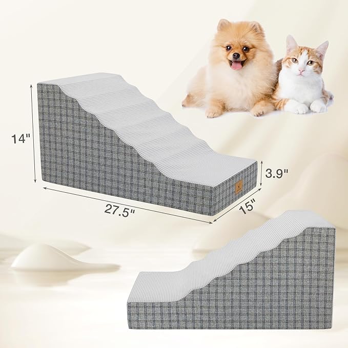 Pets Ramp for High Beds, Small Dogs & Senior Cats - Non-Slip Texture & Machine Washable Cover - Supportive Foam for Joint Comfort, Easy Climb for Couch, Sofa, Furniture (Grey)