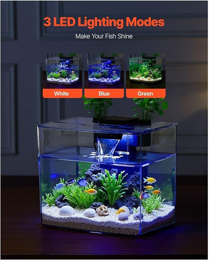 3.5 Gallon Fish Tank Aquarium, Smart Self Cleaning GPPS Fishbowl with 3 Color LED, Filter & Water Circulation