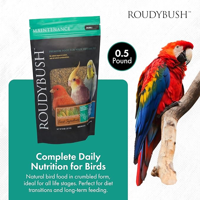 RoudyBush Daily Maintenance Bird Food, Crumbles Pellet Diet for Everyday Feeding, Complete Nutrition Support, No Artificial Colors or Flavors, Clean Label Formula, Crumbles Pellet Size, 8 oz
