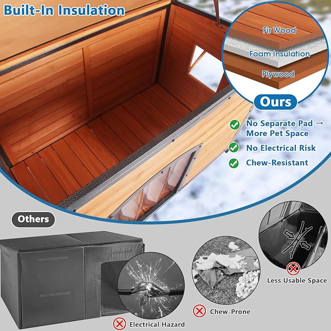 Insulated Dog House Outdoor Weatherproof 43.3" L Large Dog Kennel 6 Sides All-Round Foam Winter for Small Medium Large Dogs with Strong Metal Frame