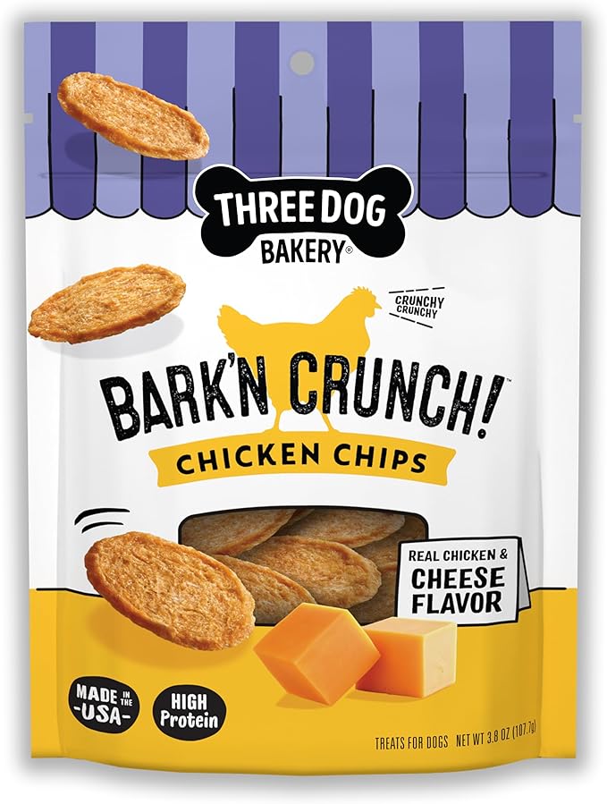 Three Dog Bakery Bark’N Crunch! Chicken Chips, Cheese Flavor, Crunchy Treat for Dogs, Two Ingredients, High Protein Snacks, No Artificial Flavors or Colors, Made in The USA, 3.8 oz.
