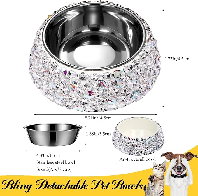 SlowVibes Diamond Stainless Steel Dog Bowls,Bling 7oz Detachable Metal Food Water Bowl for Feeding Dogs Cats,Rust Resistant Non-Slip Puppy Dish,Sparkle Essentials Fancy Dish for Small Girl Pets