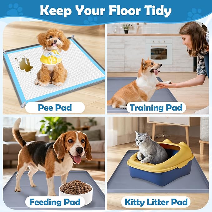 Dog Pee Pad Holder, Dog Potty Tray Silicone Puppy Pad Holder Tray Fits for 27" x 27" Training Pads, Puppy Potty Tray with 4 Clamps No Spill Raised Lip High Edge for Floor Protection (Dark Grey)