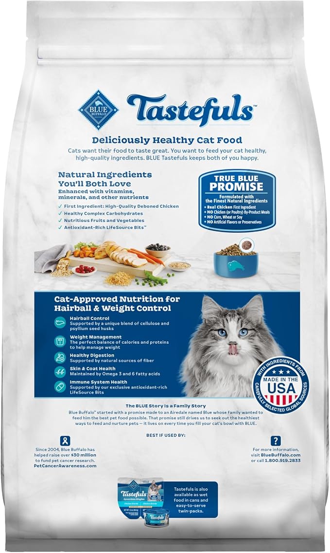 Blue Buffalo Tastefuls Weight & Hairball Control Natural Dry Food for Adult Cats, 3-lb. Resealable Bag