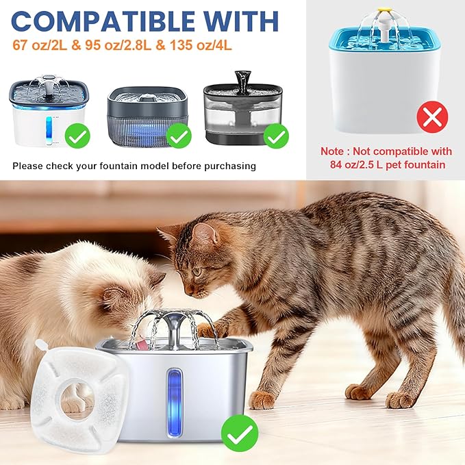 8 Pack Cat Water Fountain Replacement Filter, 4 Pcs Cat Fountain Filters & 4 Pcs Pre-Filter Sponges for 95oz/2.8L 135oz/4L 67oz/2L Automatic Pet Cats Dog Water Fountain Dispenser Filters