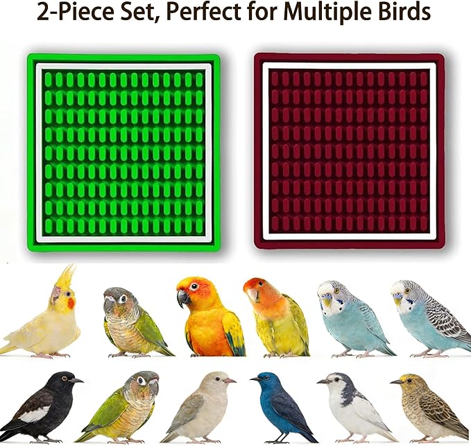 Parrot Foraging Toys, 2 Pcs Bird Feeder Foraging Mats, Interactive 2Pcs Bird Foraging Toys Puzzle to Increase Feeding Time Cage Accessories Training Chewing for Conure, Cockatiel, Parakeet (Green&Red)