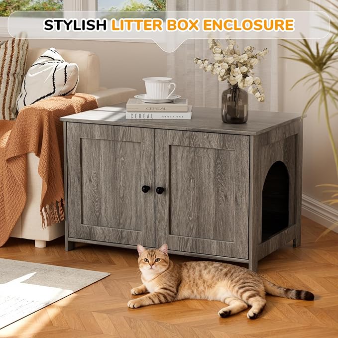 Cat Litter Box Enclosure Furniture Dog Proof, Hidden Kitty Washroom Low Entry, Wooden Cat Boxes Enclosure Odor Control for Home, Farmhouse Style Decorative Cabinet with Storage,Oak Grey