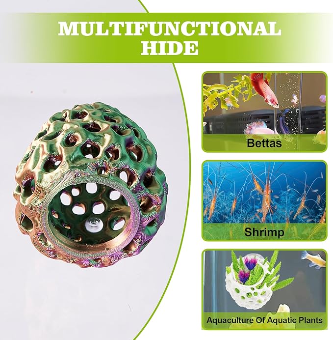 Shrimp Dome Hide, Shrimp Hides for Aquarium, Betta Fish Hideout with Suction Cup, Betta Habitat Tank Ornament Accessories, Aquarium Decor for Small Fish Guppy Hiding Resting (Lid Green Purple)