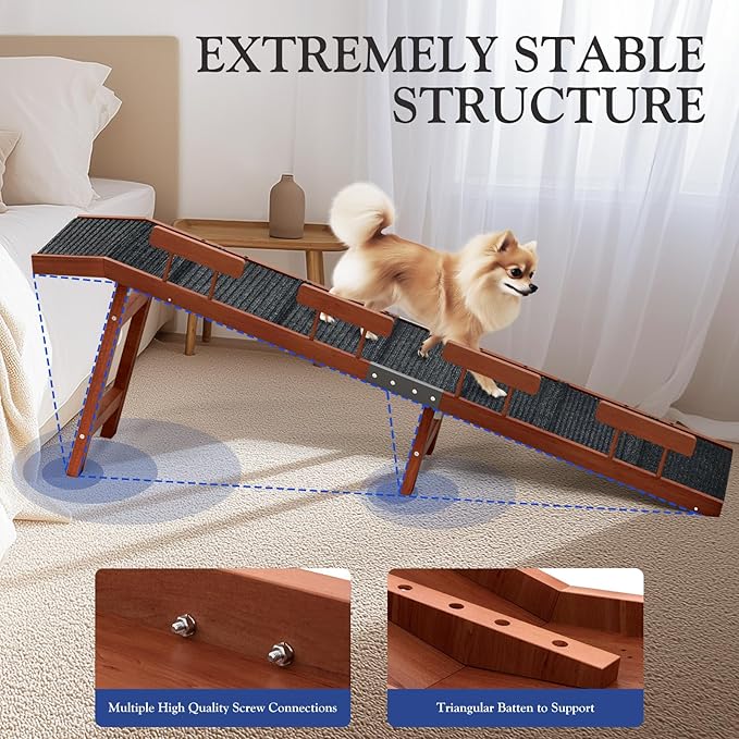 Easyego Foldable Dog Ramp for Bed, 74" Wood Pet Ramp with Side Rails and High Traction Carpet, 22° Gentle Long Slope, Top Landing Platform, Supports up to 200 LBS for Senior Dogs - Vintage Walnut