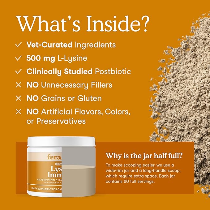 Fera Pets Lysine Powder for Cats - Immune Support Supplement with Quercetin & Postbiotics - Promotes Respiratory Health & Normal Inflammatory Response - Helps Maintain Normal Eye Health - 60 Scoops