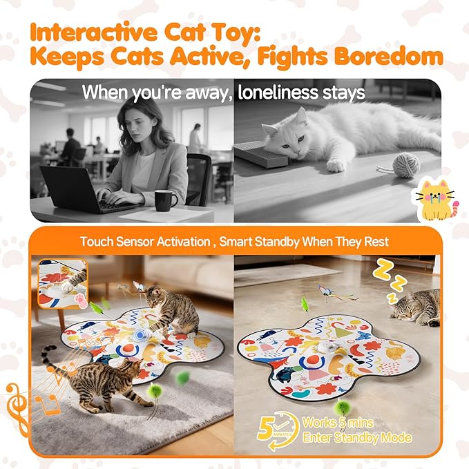 Interactive Cat Toys for Indoor Cats–Rechargeable Automatic Hide and Seek Kittens Toy with Moving Wand Feathers,Fluttering Butterfly,Real Mouse Squeaky,Motion Activated for Exercise & Bored Adult Cats