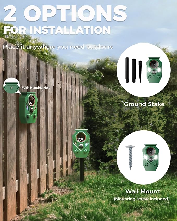 Solar Animal Repellent Outdoor, Ultrasonic Cat Repellent Outdoor, IP65 Waterproof Deer Repellent Deterrent Squirrel Racoon Skunk Rabbit, Dog Repellent for Yard Garden Lawn with PIR Sensor