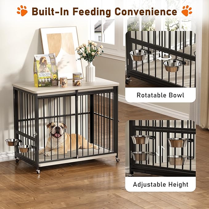 Dog Crate Furniture, 41’’ Wooden Dog Kennel Indoor with Sliding Front Door, Multi-Side Openings & Feeding Window Pet Cage House as TV Stand, End Table(Beige)