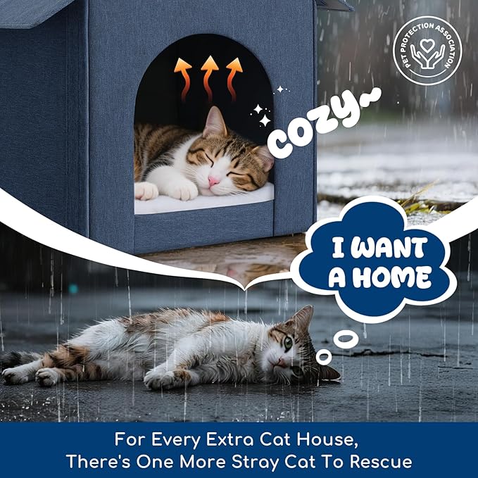 Outdoor Cat House Weatherproof, Insulated Cat Dog Houses for Outdoor/Indoor Cats for Winter, Waterproof Feral Stray Cat Shelter with Warm Cushion for All Seasons, Easy to Assemble, Navy Blue