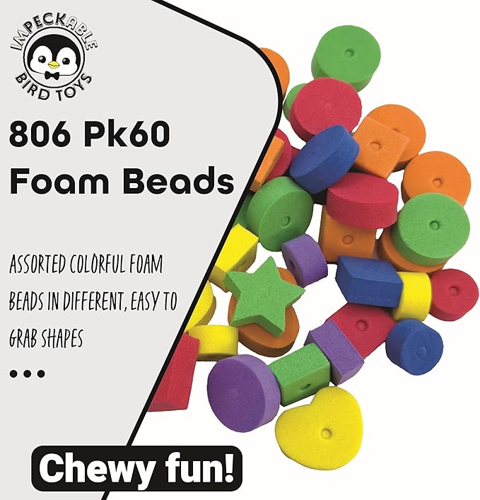 806 Pk60 Foam Beads Bird Toy Parts - 60 Colorful Lightweight Chewing Foot Toys for Birds - DIY Foraging Accessories for Parakeet, Budgie, Cockatiel & Small Parrots - Soft Destructible Crafting Beads